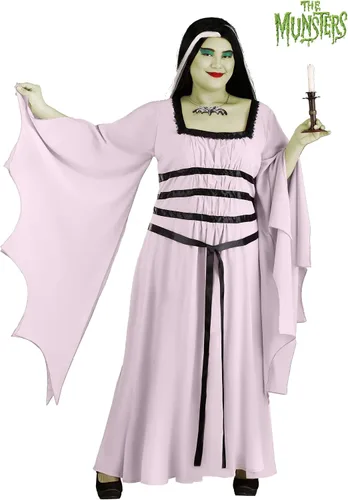 Vista 2 de Disfraz de Lily Munster de talla grande para mujer, vestido de programa de televisión The Munsters con peluca y capa, disfraz de vampiro de Halloween