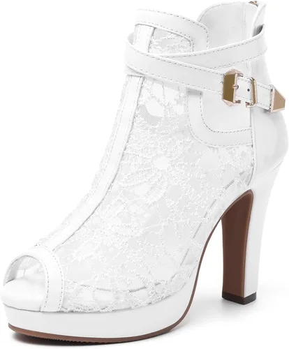 Vista 14 de Susanny Botas de tacón alto para mujer, Botas de plataforma con tacón sexy de puntera redonda con agujetas, tacón alto, botas de media pantorrilla