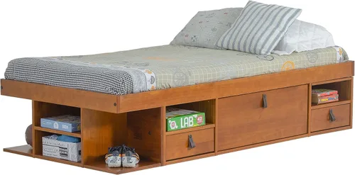 Vista 18 de Memomad Bali Set: Plataforma de almacenamiento con cajones + Cabecera con estantería (Tamaño individual, madera color marrón caramelo)