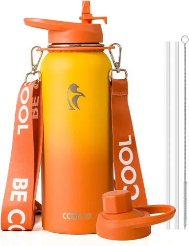 Vista 18 de Botella de agua Coolflask de 40 onzas con correa, botella de agua metálica aislada con popote y tapas con pico, acero inoxidable de doble pared al