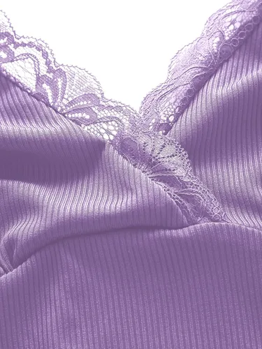 Vista 4 de MakeMeChic Camiseta corta sin mangas con cuello en V y ribete de encaje Y2K para mujer
