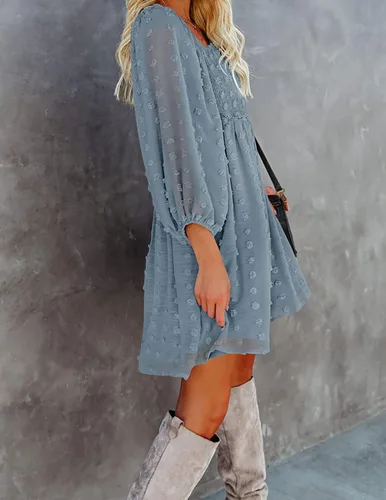Vista 3 de ZESICA Vestido corto de verano para mujer, manga larga, cuello cuadrado, lunares suizos, fluido, acampanado, fruncido, babydoll