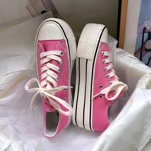 Vista 4 de Tenis de plataforma para mujer, zapatos de plataforma blanca, zapatos de tenis de caña baja, zapatos de lona con cordones, zapatos deportivos