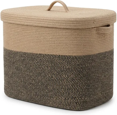 Vista 22 de Cottonphant - Cesta rectangular extragrande de cuerda con tapa, 22 x 14 x 18 pulgadas, cesta decorativa de almacenamiento de mantas, baúl de algodón