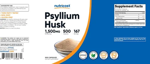 Vista 6 de Nutricost Cáscara de psyllium 1500 mg por porción, 500 cápsulas, sin OMG y sin gluten