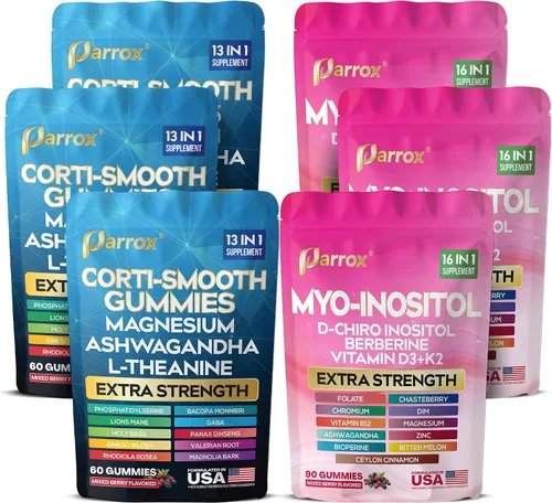 Vista 10 de Paquete de gomitas calmantes y lisas: suplemento de cortisol y mio-inositol con D-Chiro inositol, berberina, magenesio, ashwagandha, L-teanina