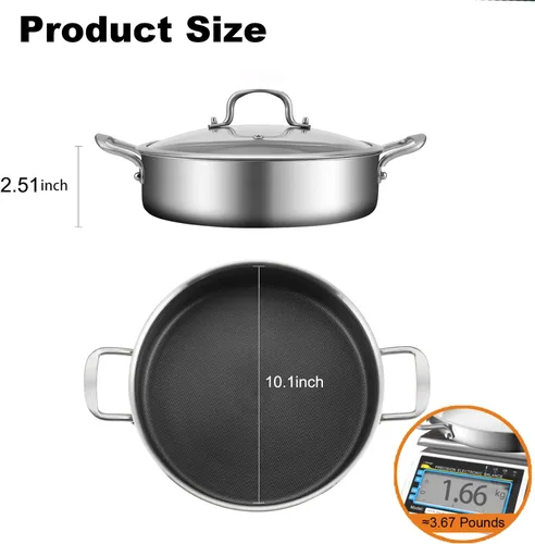Vista 2 de DELARLO Sartén de tres capas de acero inoxidable de 10 pulgadas Sartén de freír profunda de 3QT con tapa Sartén de saltear con tapa Compatible