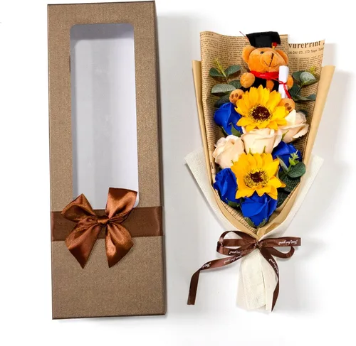 Vista 2 de Ansuma Ramo de flores de jabón perfumado de girasol rosa de graduación de 13 pulgadas, mini oso de peluche con tapa de graduación, arreglos Azul