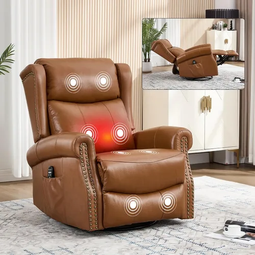 Vista 13 de Trustyue Silla reclinable de piel auténtica, reclinable manual con balancín giratorio, mecedora de masaje y calor, reclinable para guardería Azul