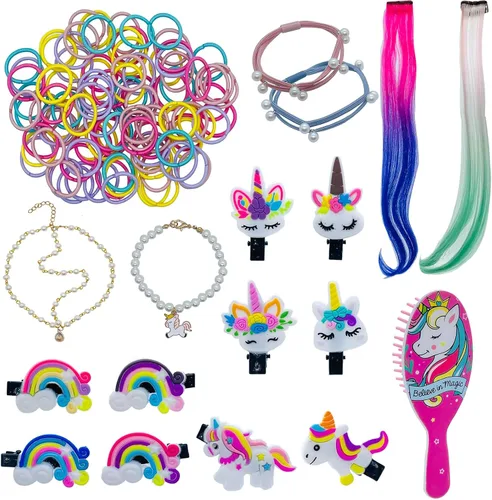 Vista 3 de Accesorios para el cabello de muñeca de 18 pulgadas para muñecas American OG, cepillo de pelo, kit de unicornio arco iris, accesorios para niñas