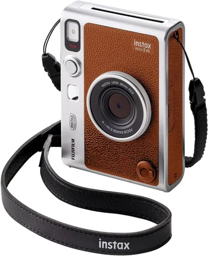 Vista 2 de Fujifilm Cámara instantánea Instax Mini EVO híbrida marrón Película instantánea Instax Mini Twin Pack Tarjeta microSD de 32 GB con adaptador