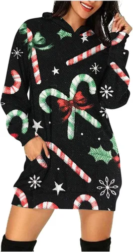 Vista 2 de Sudadera larga con capucha de Navidad para mujer, manga larga, estampado de copos de nieve, vestido de Navidad