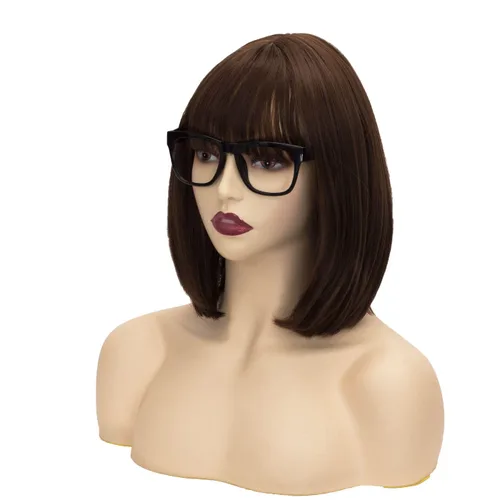 Vista 4 de FALAMKA Peluca corta marrón para mujer, peluca de cosplay estilo Bob, disfraz de Halloween con cristal negro
