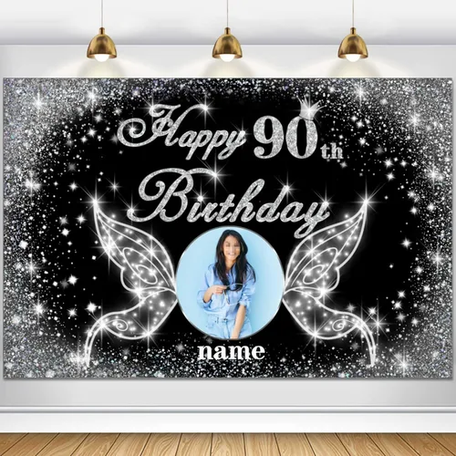 Vista 95 de Cartel personalizado de decoración de fiesta de cumpleaños número 100 - tema de alas de ángel - negro y plateado HY-NLK-100º