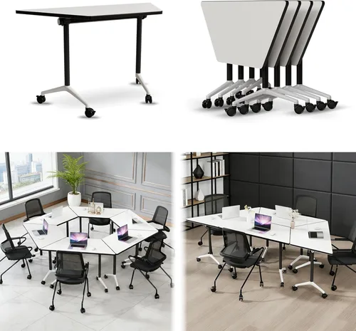 Vista 26 de Mesas de sala de conferencias, mesa de conferencias plegable con ruedas silenciosas, mesa trapezoidal de 47.2 pulgadas, mesa moderna para sala