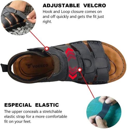 Vista 2 de VOCECO - Sandalias de cuero para hombre con puntera abierta, ajustables, ligeras, para playa y verano