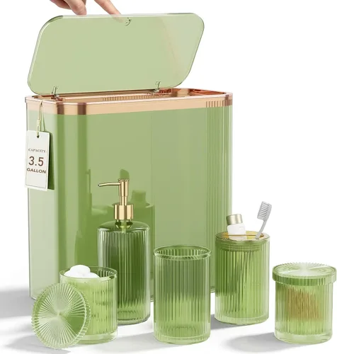 Vista 10 de Juego de accesorios de baño de cristal negro, 5 piezas, dispensador de jabón acanalado vintage, soporte para cepillo de dientes, vaso, tarro Qtip