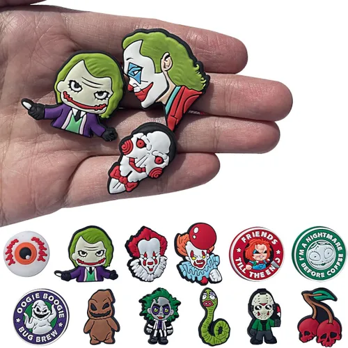 Vista 3 de 53 dijes de zapatos de película de terror de Halloween para zapatos tipo zueco y dibujos animados para adolescentes, niños, niñas, hombres