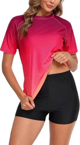 Vista 9 de Halcurt Conjunto de protección solar de manga corta de dos piezas para mujer, con UPF 50, camiseta de baño con pantalones cortos de tabla de surf