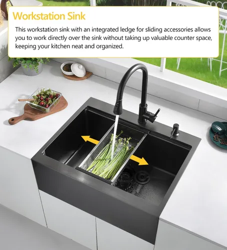 Vista 4 de Luckyhorse LH008SZ - Fregadero de cocina negro de 28 x 22 pulgadas con caída en la parte superior, estación de trabajo, fregadero de cocina