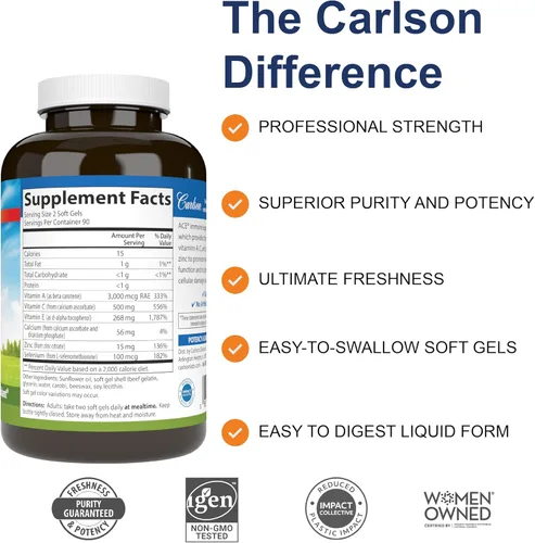 Vista 2 de Carlson - ACES + Zn, vitaminas A, C, E + selenio y zinc, salud celular y apoyo inmunológico, antioxidante, 180 cápsulas blandas