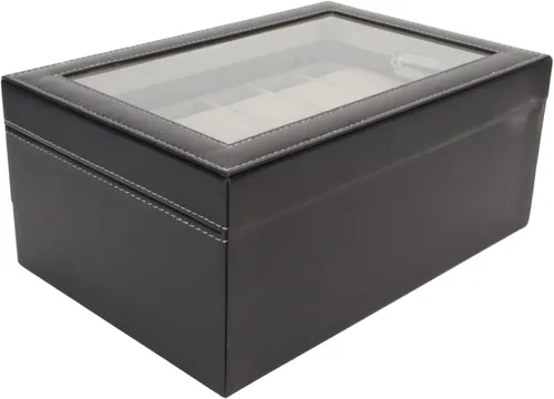 Vista 8 de JUOPZKENN Caja de almacenamiento de reloj de piel sintética con cerradura de 12 ranuras, color negro, 2 niveles, con tapa de cristal, soporte