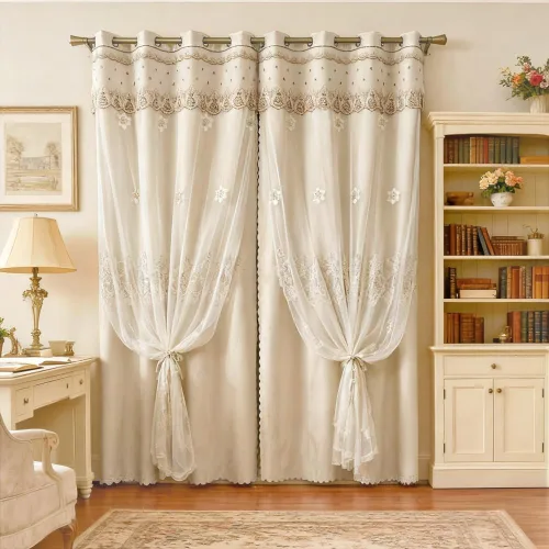 Vista 4 de Amidoudou 1 par de cortinas europeas de doble capa para sala de estar, dormitorio, cortinas bordadas de flores de lujo con cenefa