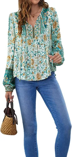 Vista 2 de YUZIBAO Blusas para mujer, cuello en V, manga larga, estilo bohemio, blusas con estampado floral