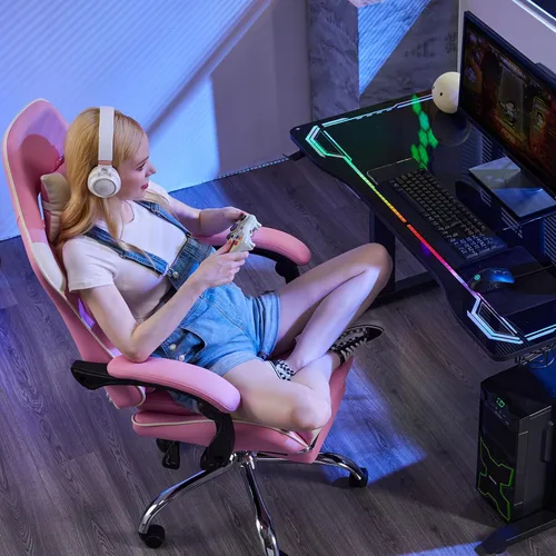 Vista 2 de DUMOS - Silla de escritorio de oficina para juegos con reposapiés y reposacabezas para adultos, silla ergonómica de piel sintética para computadora