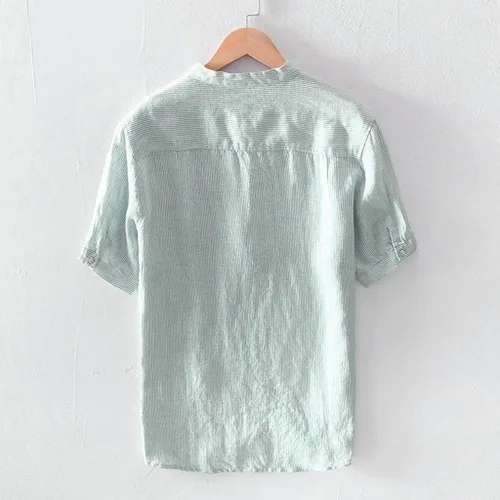 Vista 3 de Camiseta de manga corta de algodón y lino para hombre, de verano, con botones de 34 y manga corta, informal, ajuste relajado