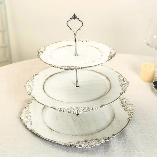 Vista 21 de Efavormart - Soporte de plástico transparente para cupcakes de 3 niveles con borde barroco dorado en relieve, soporte redondo de postres