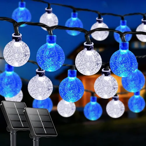 Vista 13 de LORRYTE Tira de luces solares para exteriores, 50 luces LED de 32 pies, impermeables, con energía solar, luces de globo de cristal para exteriores