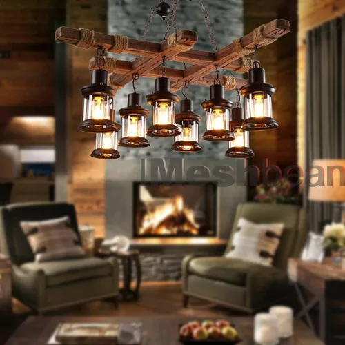 Vista 5 de iMeshbean Lámpara colgante de madera industrial de 8 luces, lámpara de techo para cocina, bar, mesa de billar
