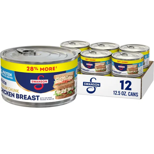 Vista 13 de Swanson 25% menos sodio, pechuga de pollo premium en agua enlatada en trozos blancos, lata de 12.5 OZ