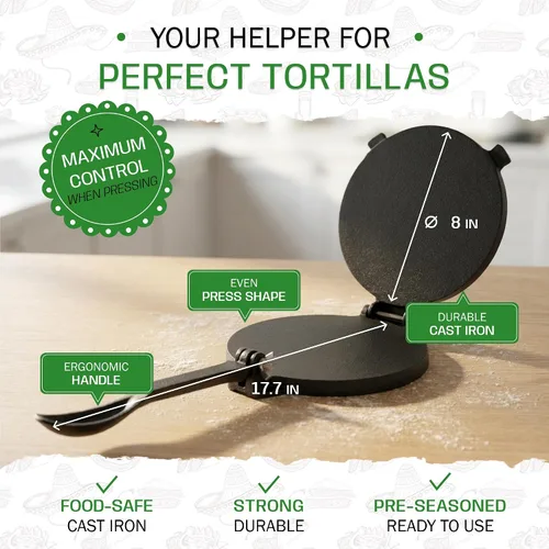 Vista 4 de Tortillada – Prensa para tortillas premium de hierro fundido con libro electrónico de recetas (20 cm)