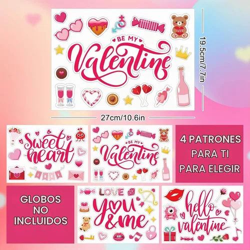 Vista 2 de Whaline 16 calcomanías de globos de Bobo para el día de San Valentín, diseño surtido de globos rosados, calcomanías decorativas de letras de corazón
