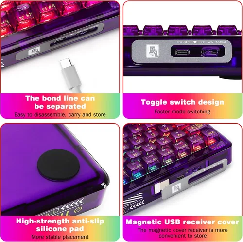 Vista 6 de CC MALL 60% Portable Transparent Gasket Mechanical Gaming Keyboard,RGB Backlit Compact 68 Clear Keycaps,Include 2.4GhzBluetoothUSB-C Connections,Ice