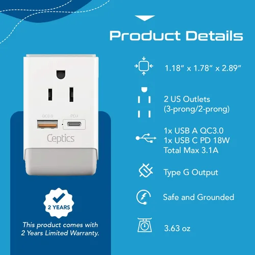 Vista 3 de Ceptics - Adaptador de enchufe para Reino Unido, Irlanda, Hong Kong, enchufe de corriente internacional con USB y USB-C - 2 tomas de EE. UU., QC 3.0