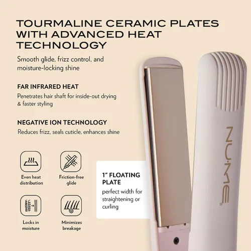 Vista 4 de NuMe Fashionista - Plancha plana de turmalina de 1 pulgada, placas de cerámica de turmalina, plancha plana profesional de peluquería, apagado