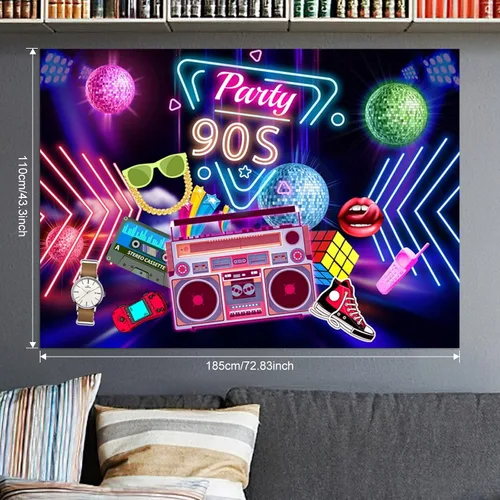 Vista 6 de HJINGY Decoraciones de fiesta de los años 90, el paquete de fiesta temática de los años 80 y 90 incluye gitar-inflable y teléfono móvil, pancarta