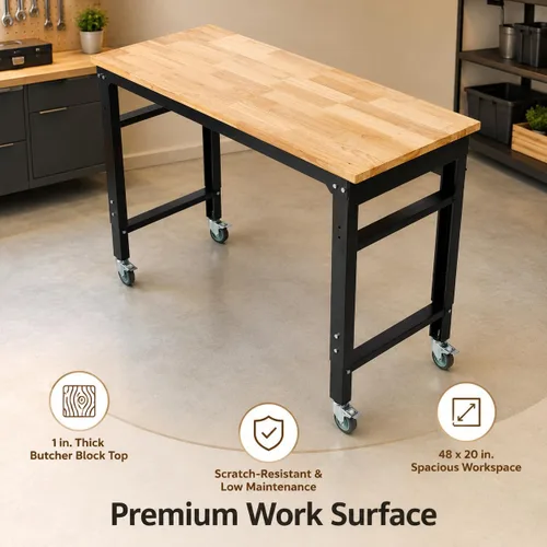 Vista 6 de Banco de trabajo ajustable de 48 pulgadas con ruedas, mesa de trabajo resistente de 2000 libras, banco de herramientas de taller, metal con parte