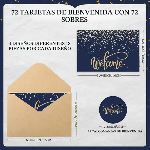 Vista 2 de Fumete 72 juegos de tarjetas de bienvenida doradas con adhesivo de papel