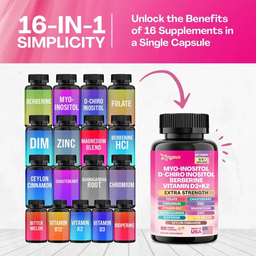 Vista 4 de Suplemento Myo Inositol 750mg, berberina 500mg, D-Chiro Inositol 50mg, Folato 400mcg, Cromo 100mcg, Canela de Ceilán 200mg, Ashwagandha 100mg, DIM