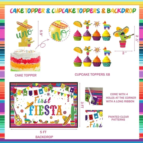 Vista 4 de Decoraciones de cumpleaños de primera fiesta, temática mexicana, decoración de fiesta de 1er uno, telón de fondo, globo, foto mensual, cartel