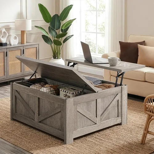 Vista 11 de Yaheetech - Mesa de centro con superficie superior abatible con almacenamiento, mesa de café cuadrada para sala de estar, mesas centrales de 31.5