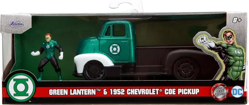 Vista 2 de Jada DC Comics 1:32 1952 Chevrolet COE Pickup - Coche fundido a presión y figura de linterna verde de 1.65 pulgadas, juguetes para niños y adultos