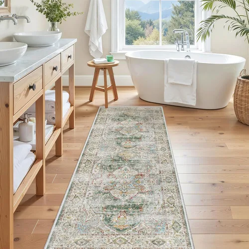 Vista 128 de Madane Alfombra lavable de 2 x 3 pies, alfombra de entrada pequeña, antideslizante, vintage, para entrada interior, alfombra de pelo bajo