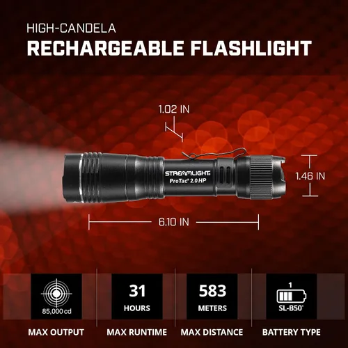 Vista 5 de Streamlight 89023 ProTac 2.0 HP 2000-Lumen 85000 Candela Rechargeable High Performance Multi-Functional Tactical Flashlight, Black