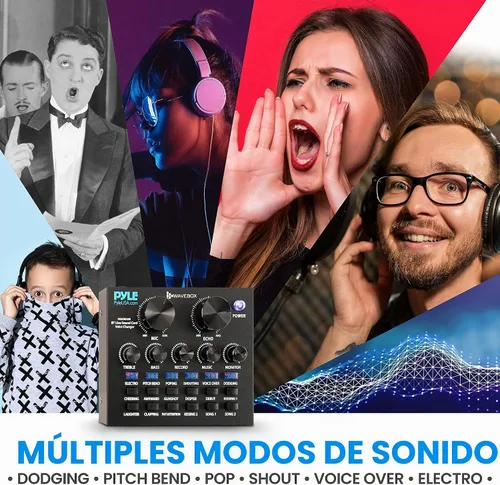 Vista 3 de Pyle PKSCRD208 - Mini interfaz de audio Bluetooth, mezclador de podcasts, transmisión en vivo para PC y iPhone, cambiador de voz V8 con 12 efectos