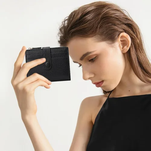 Vista 6 de FALAN MULE - Carteras pequeñas para mujer con bloqueo RFID, piel auténtica, cartera plegable delgada con cremallera y monedero para monedas
